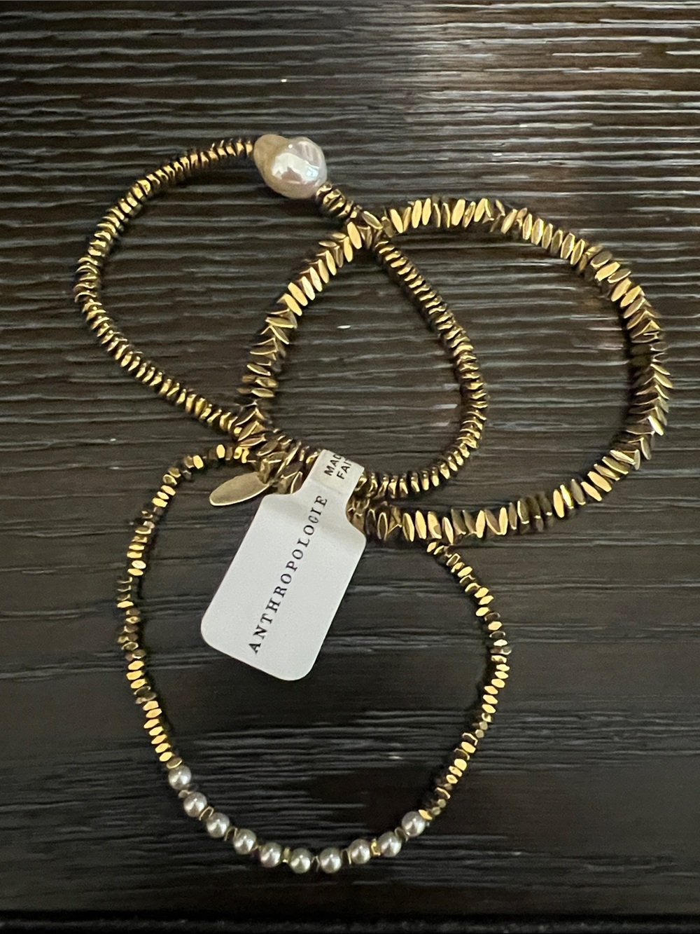 Anthropologie Gold and Pearl Layered Stretch Bracelet Trio